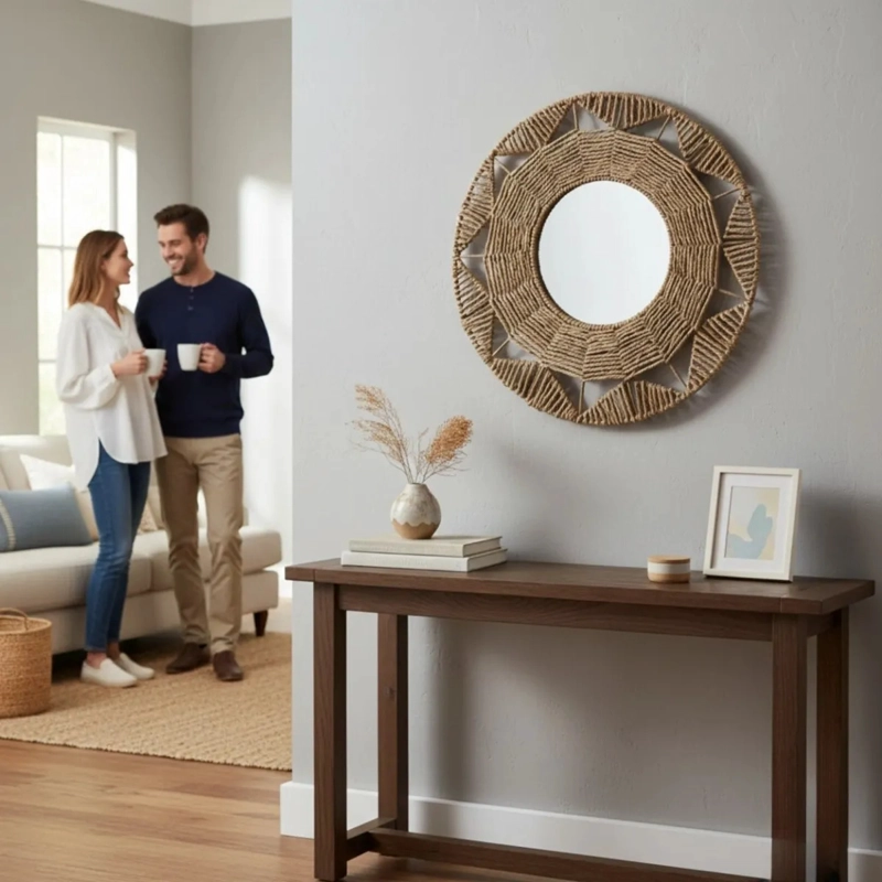 ESPEJO PARED DECORATIVO RATAN ADORNO ESTILO TEJIDO JHN - 6