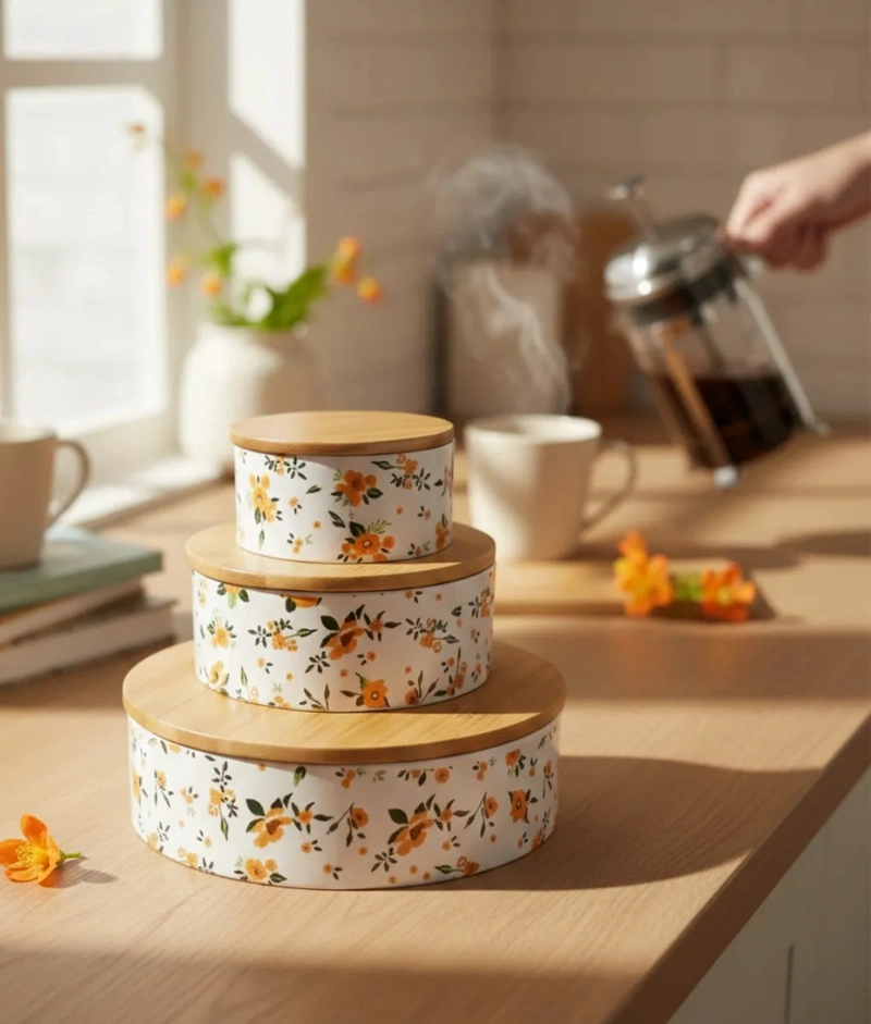 SET 3 CONTENEDORES TAPA BAMBU DISEÑO FLORAL VINTAGE JHN - 5