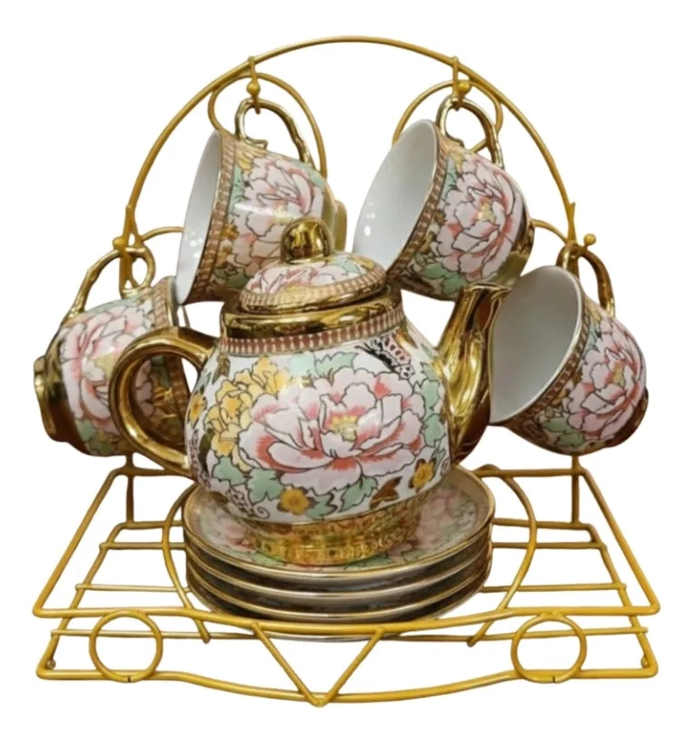 JUEGO TE  DISEÑO FLORAL TETERA SOPORTE ORGANIZADOR HOGAR JHN - 1