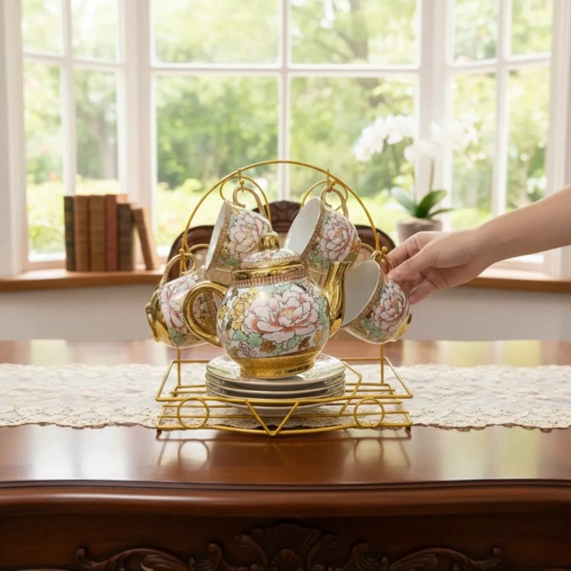 JUEGO TE  DISEÑO FLORAL TETERA SOPORTE ORGANIZADOR HOGAR JHN - 6