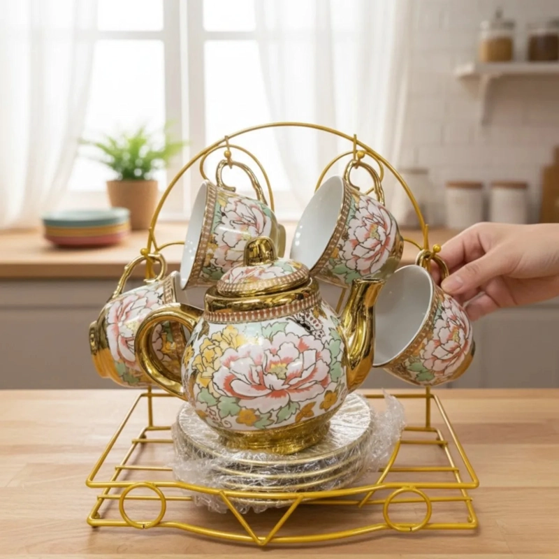 JUEGO TE  DISEÑO FLORAL TETERA SOPORTE ORGANIZADOR HOGAR JHN - 7