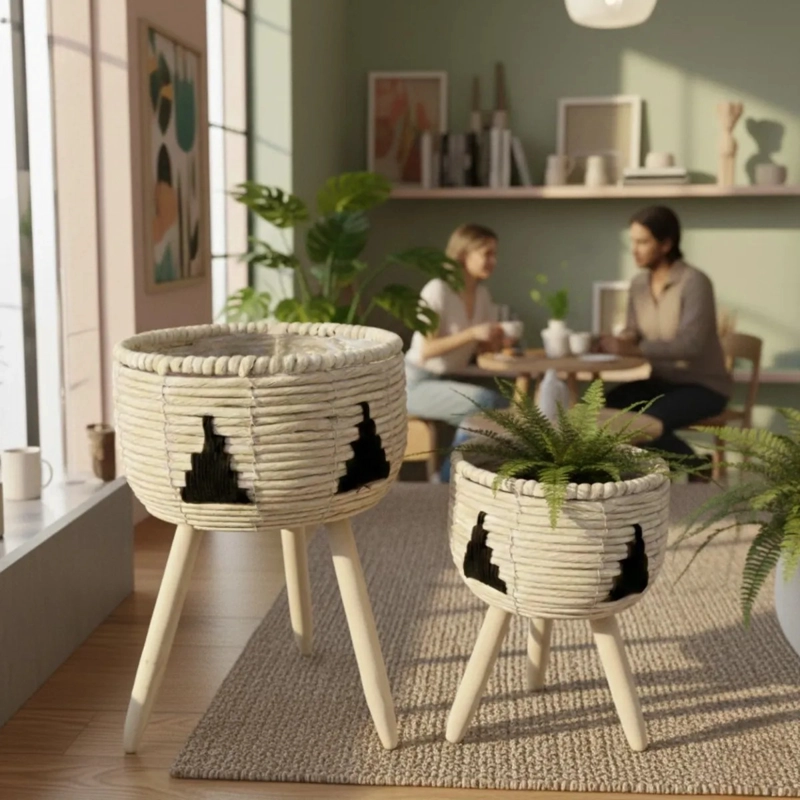 SET 2 MACETEROS ARTESANALES PEDESTAL ESTILO BOHO CHIC AJ - 3