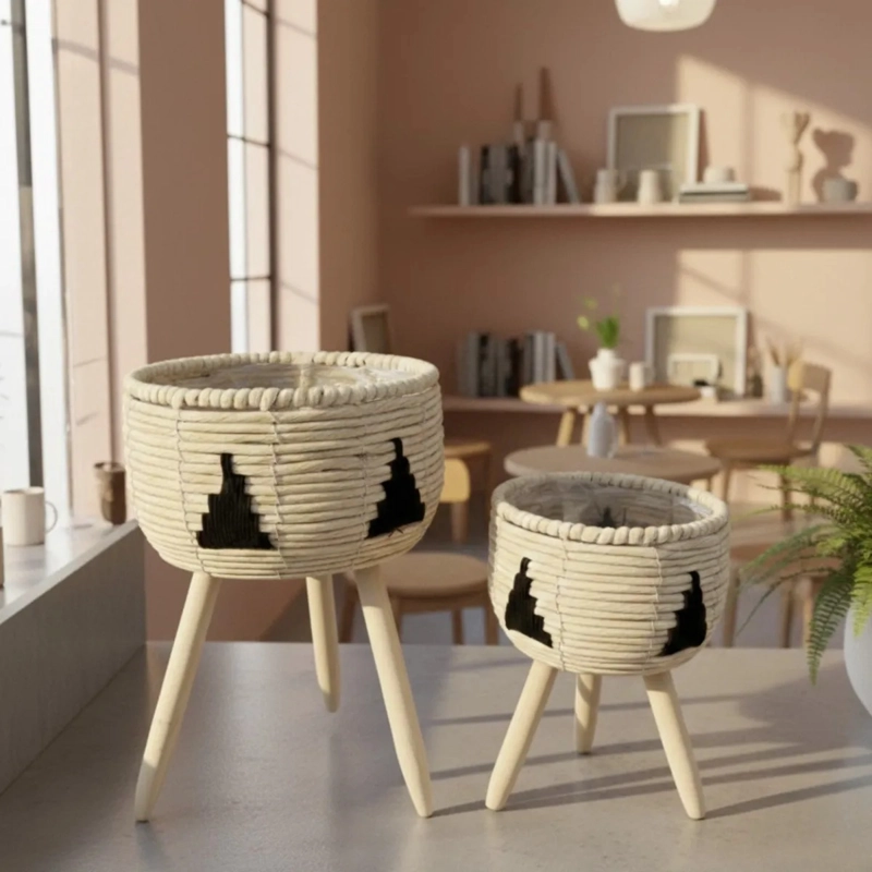 SET 2 MACETEROS ARTESANALES PEDESTAL ESTILO BOHO CHIC AJ - 9