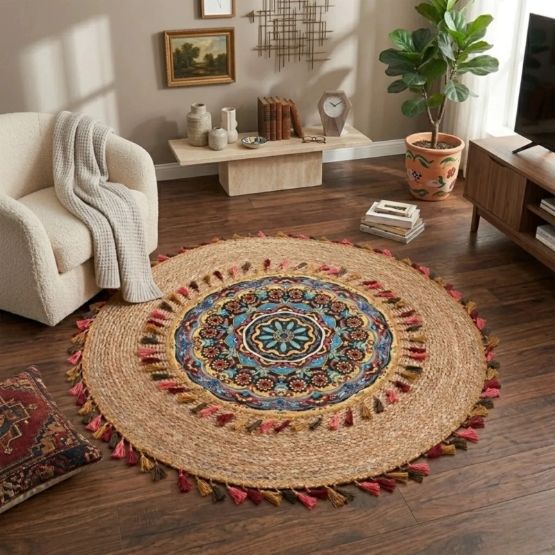 ALFOMBRA REDONDA DISEÑO MANDALA ETNICO BOHO CHIC BORLAS ALJ - 9
