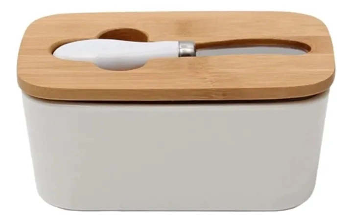 MANTEQUILLERA CERAMICA TAPA SELLADO MADERA CUCHILLO QUESO MV - 1