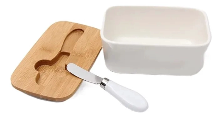 MANTEQUILLERA CERAMICA TAPA SELLADO MADERA CUCHILLO QUESO MV - 2
