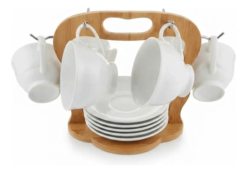 SET 6 TAZAS TE CAFE PORCELANA PLATILLOS SOPORTE BAMBU MV - 1