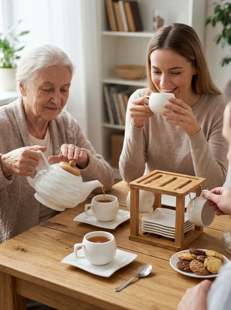 JUEGO TE CAFE CERAMICA TETERA 6 TAZAS SOPORTE BAMBU MV - 7