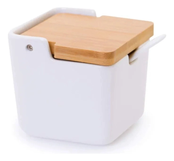 AZUCARERO CUADRADO CERAMICA TAPA BAMBU ABATIBLE CUCHARA  MV - 1
