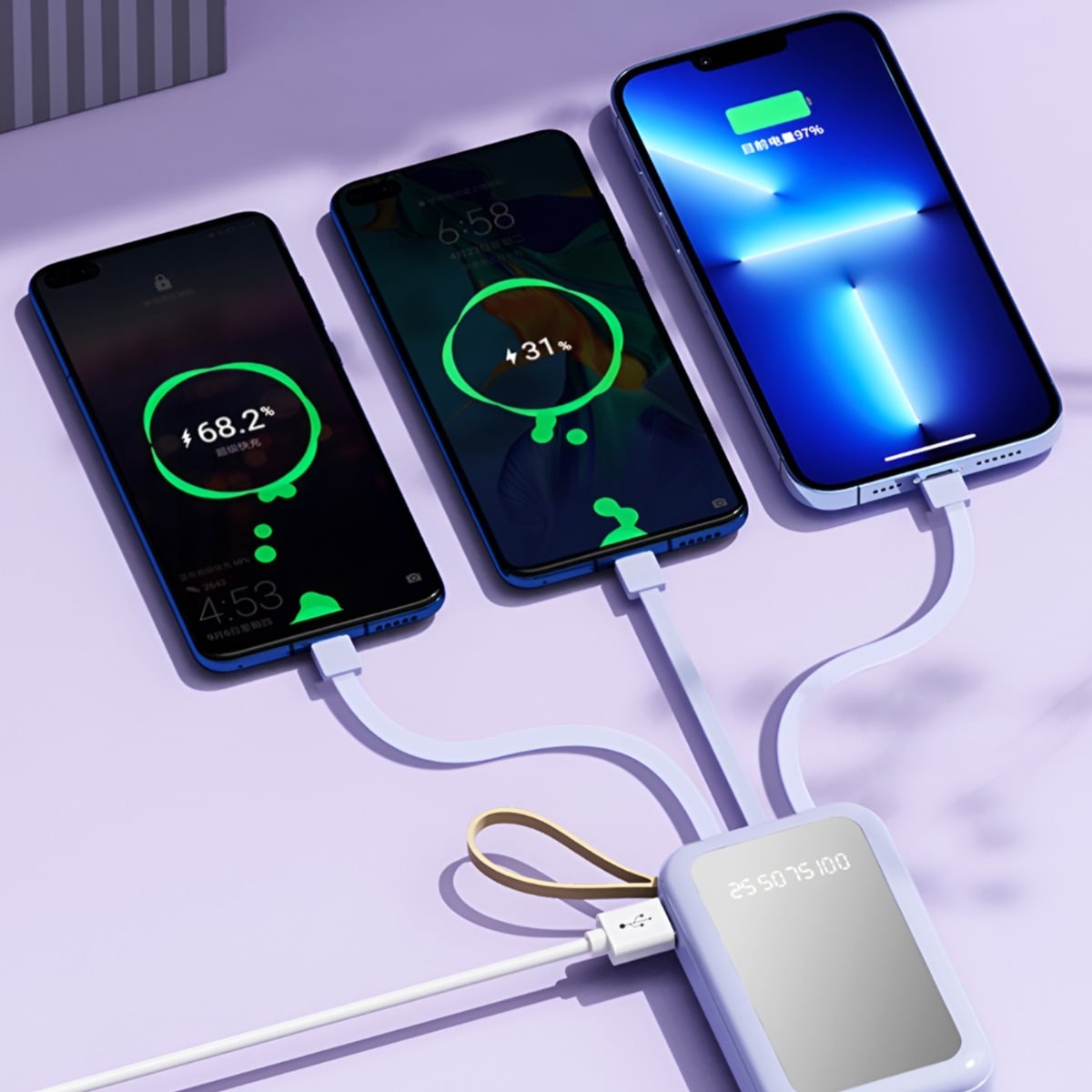 CARGADOR INALÁMBRICO PORTÁTIL LED CABLES INTEGRADOS 4EN1 - 7