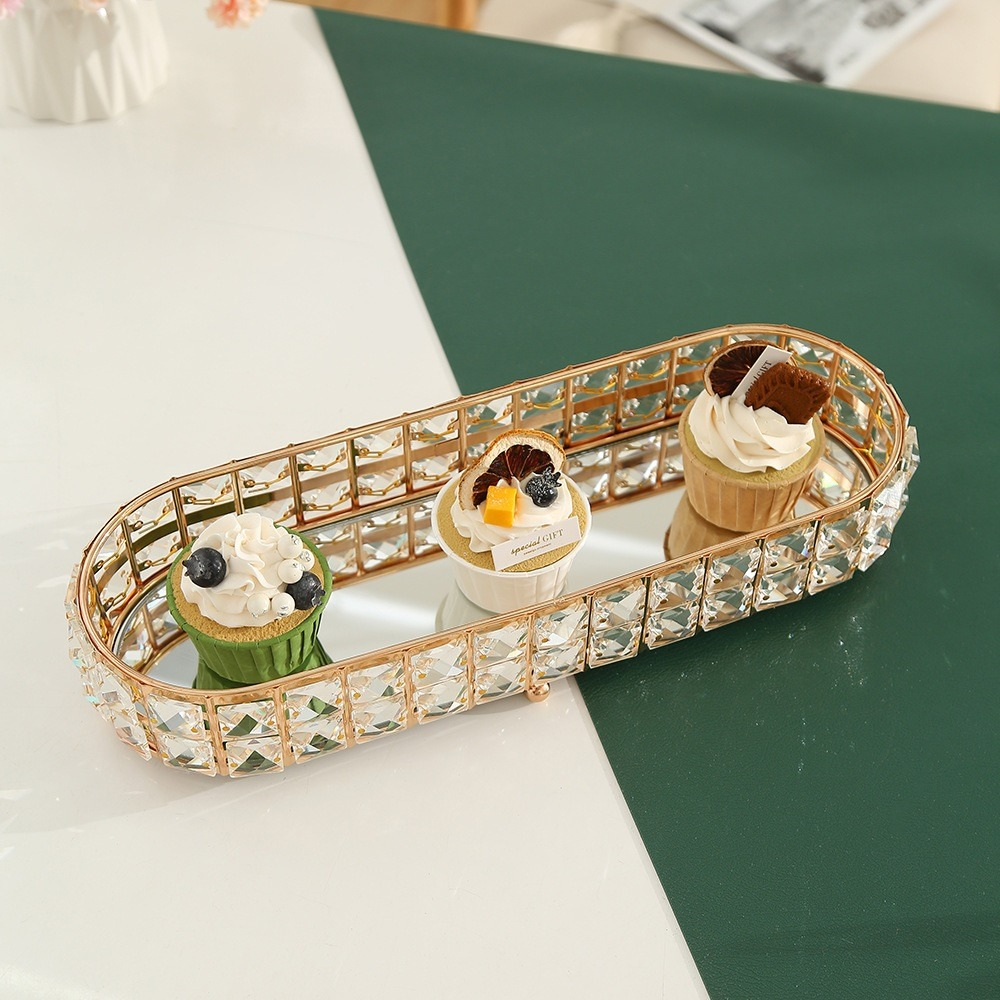 BANDEJA ALMACENAMIENTO DECORATIVA VIDRIO OVALADA DORADA JHN - 7