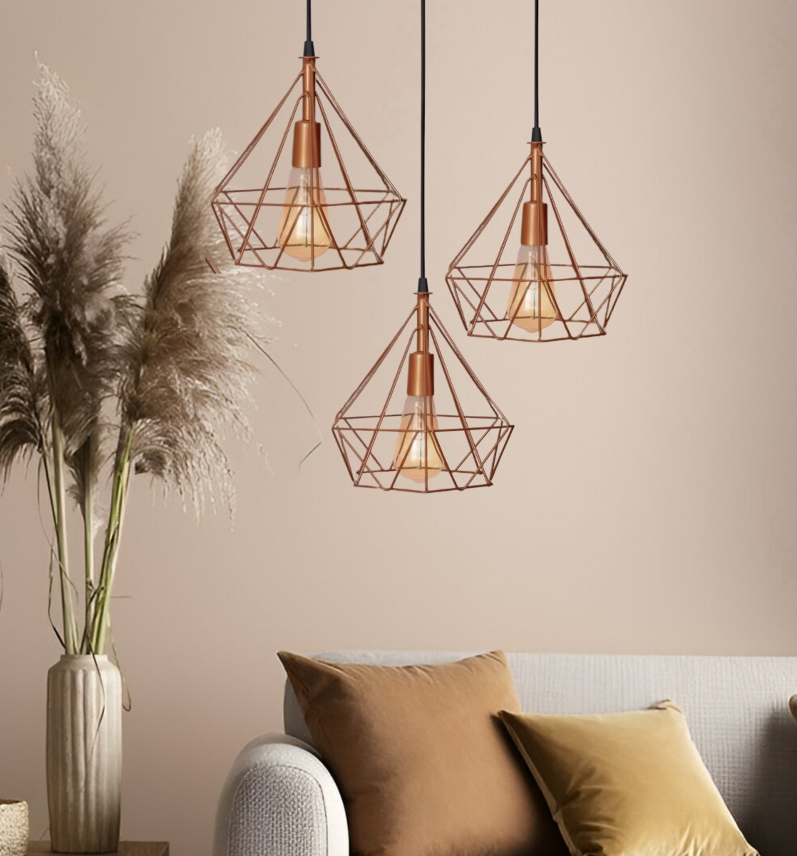 LÁMPARA COLGANTE TECHO TRIPLE HIERRO DIAMANTE COBRE 22CM JHN DORADO - 7