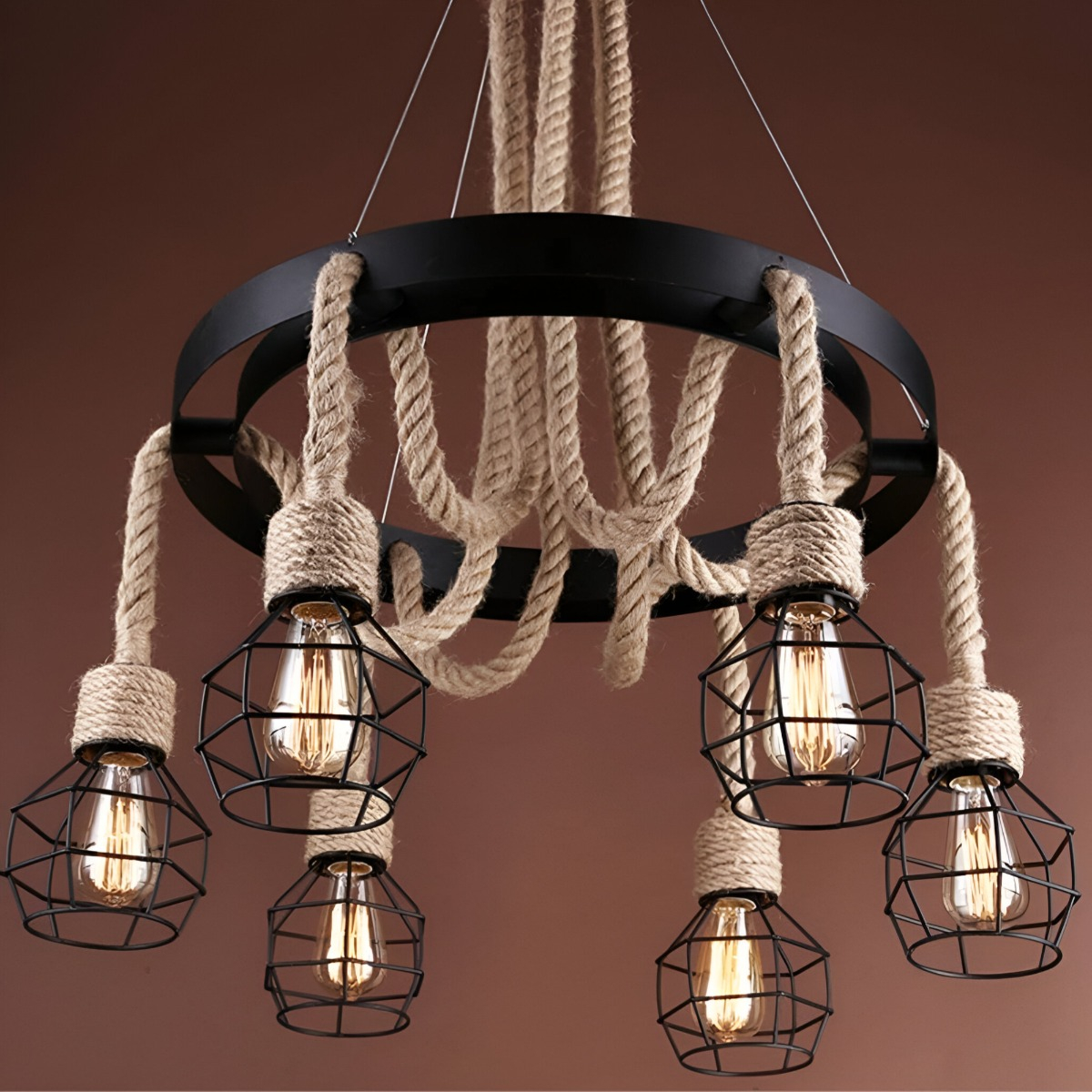 LÁMPARA COLGANTE TECHO CÁÑAMO VINTAGE 8 JAULAS JHN NEGRO - 8