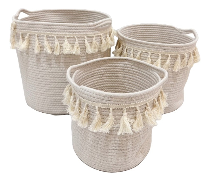 SET DE 3 CESTA CANASTO DECORATIVO CUERDA ALGODÓN MACRAMÉ JHN - 1