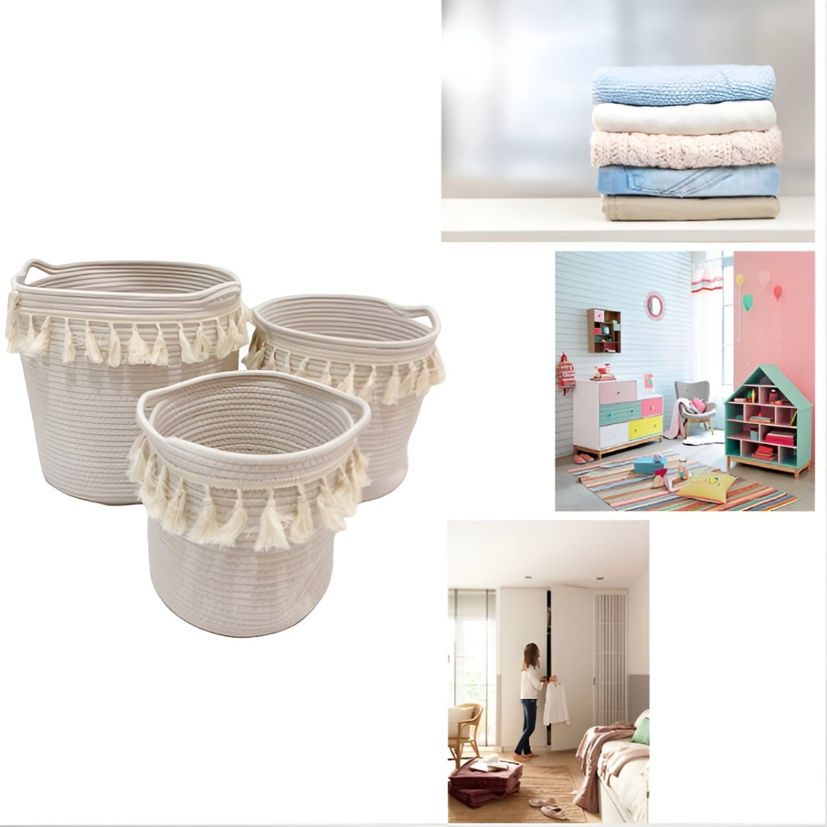 SET DE 3 CESTA CANASTO DECORATIVO CUERDA ALGODÓN MACRAMÉ JHN - 3