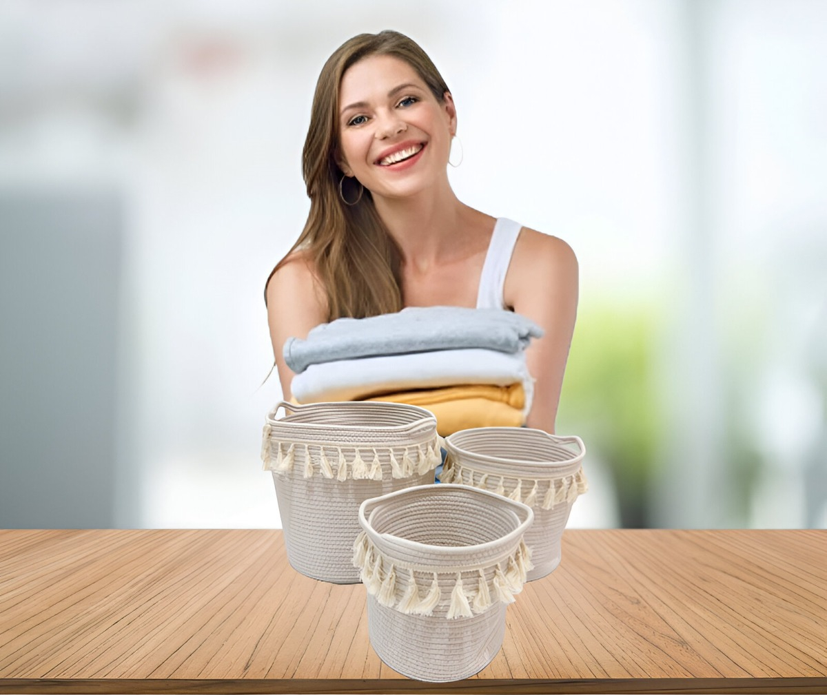 SET DE 3 CESTA CANASTO DECORATIVO CUERDA ALGODÓN MACRAMÉ JHN - 4