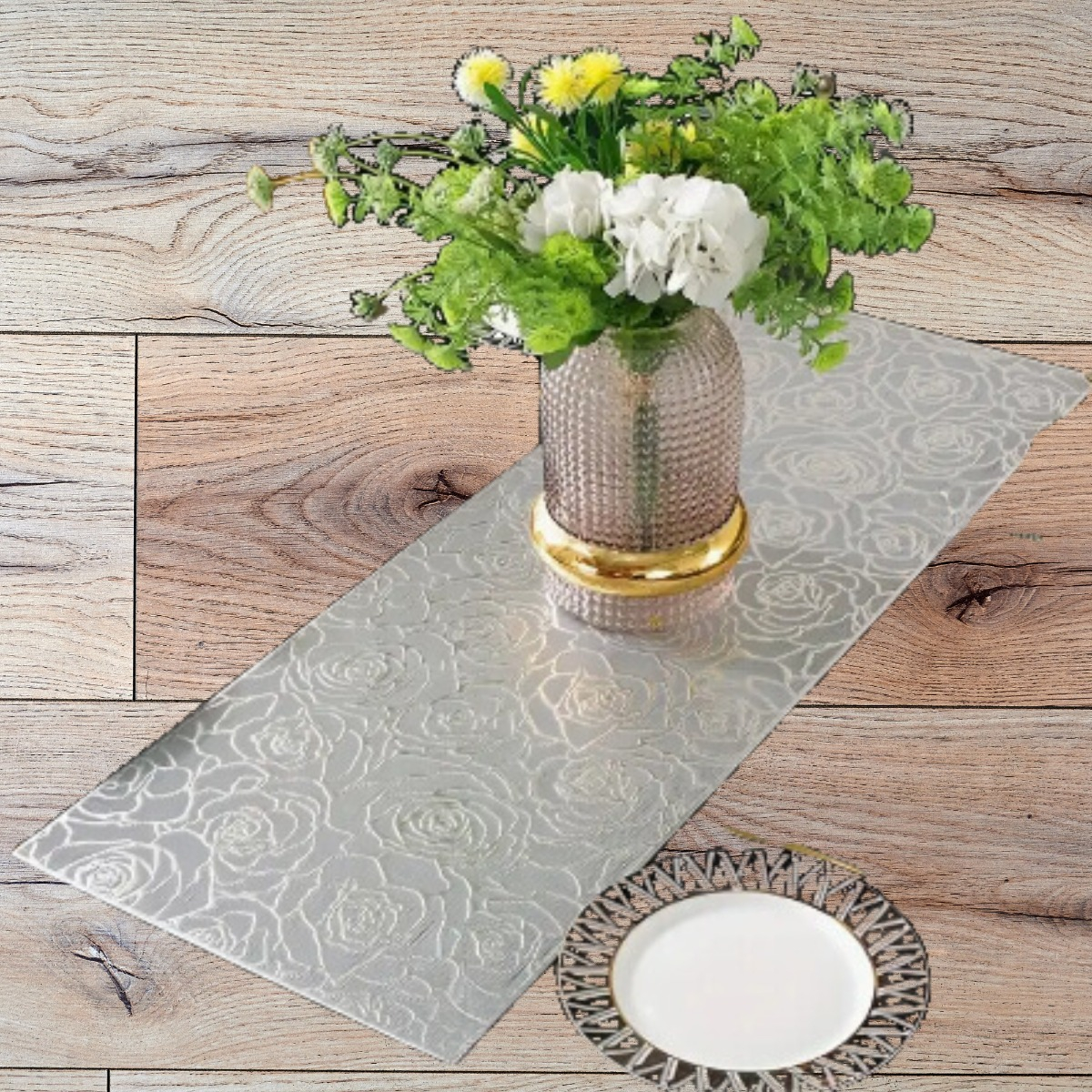 SET DE 3 MANTEL DECORATIVO DORADO PLATA FLORAL RELIEVE JHN - 9