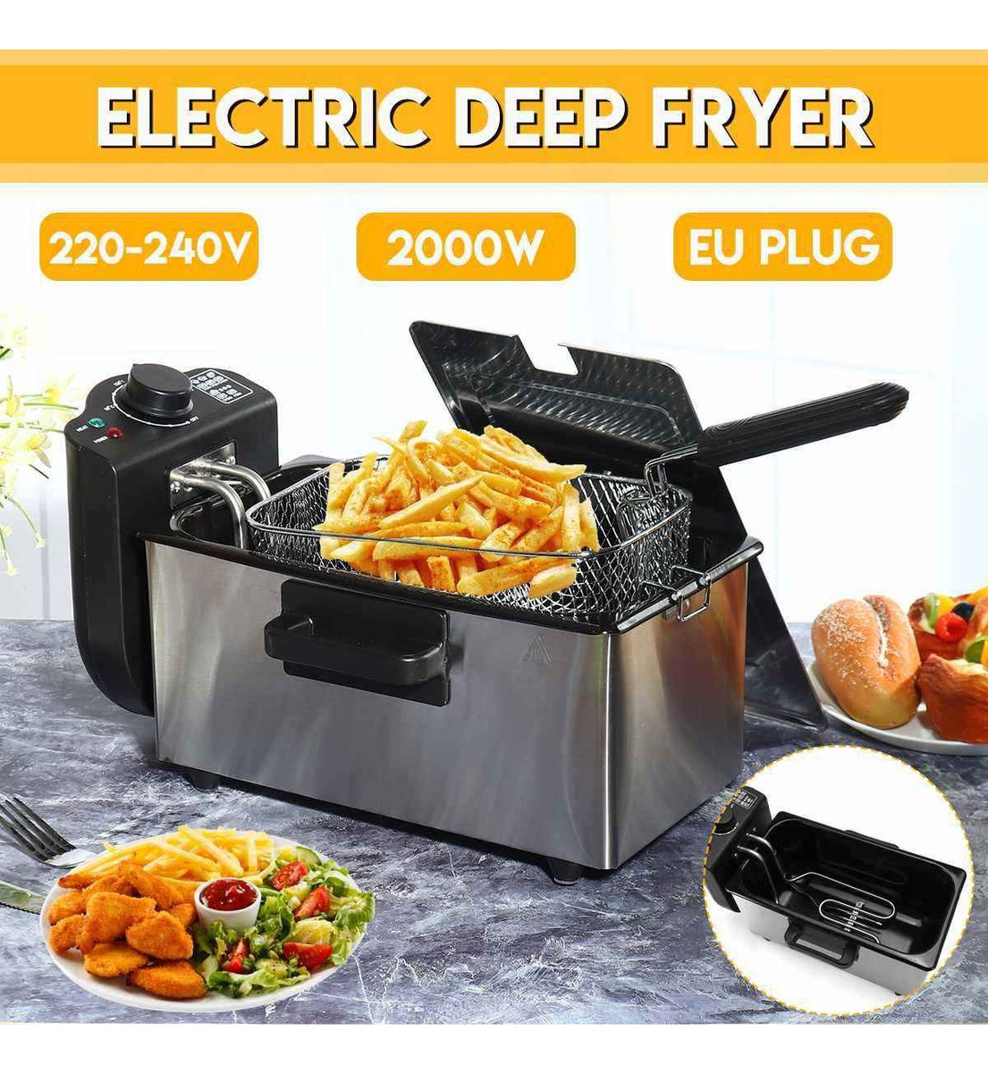 FREIDORA ACEITE 3L 2000W COMPACTA PREPARACION COCINA LAU - 4