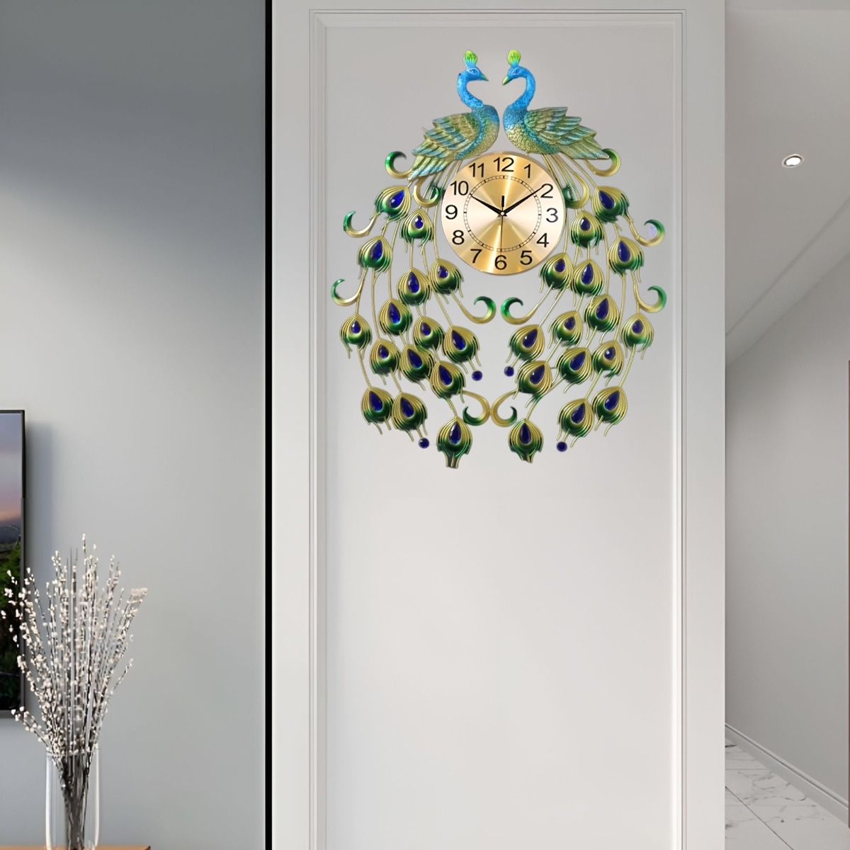 RELOJ ANALÓGICO PARED DISEÑO DOBLE PAVO REAL DECORATIVO JHN - 3