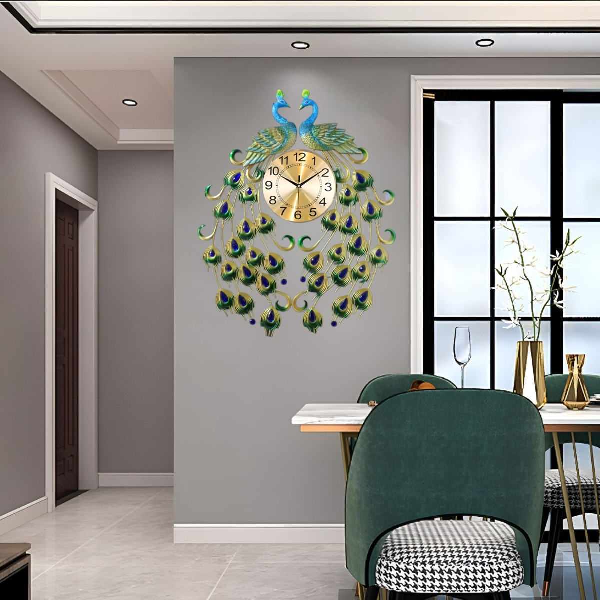 RELOJ ANALÓGICO PARED DISEÑO DOBLE PAVO REAL DECORATIVO JHN - 5