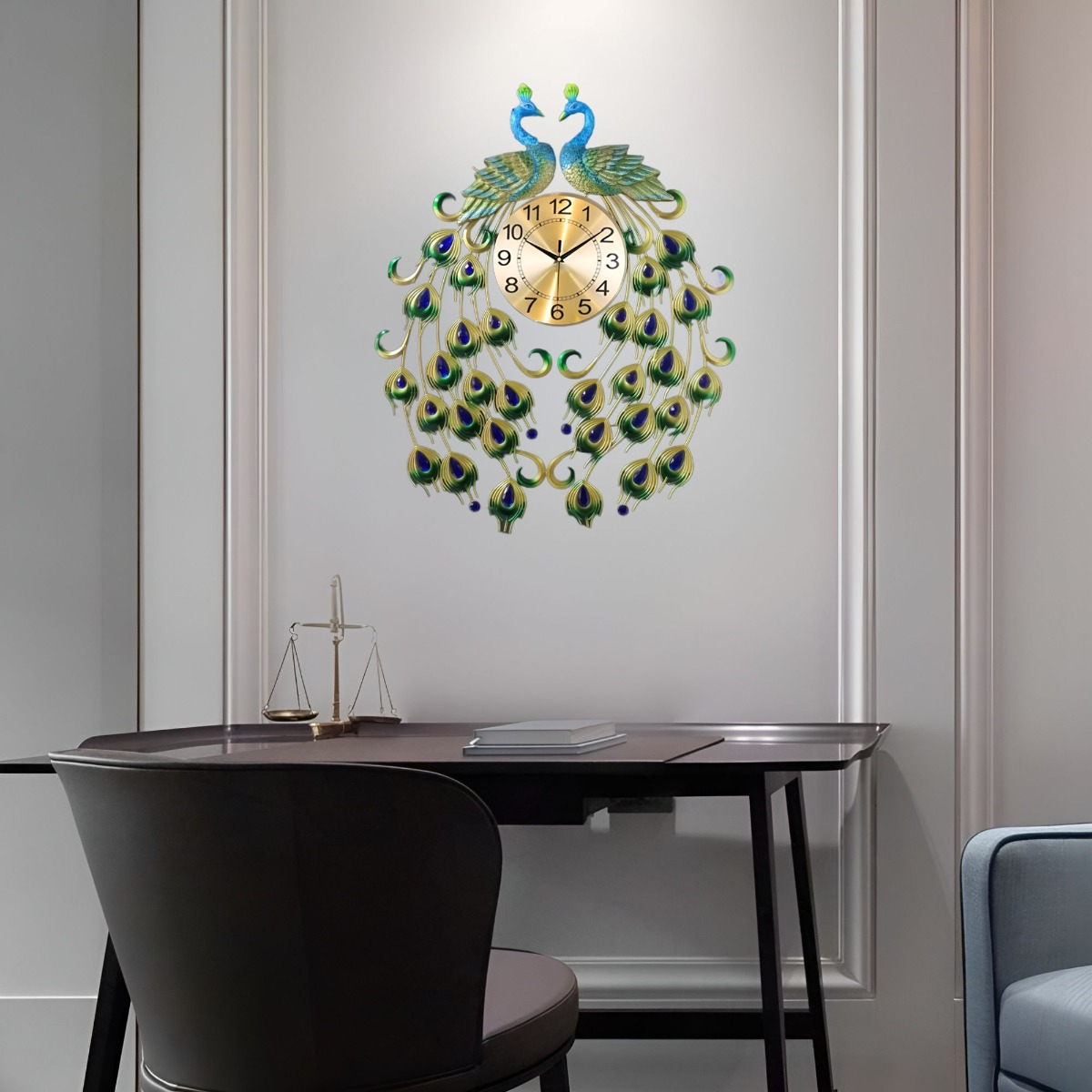 RELOJ ANALÓGICO PARED DISEÑO DOBLE PAVO REAL DECORATIVO JHN - 6