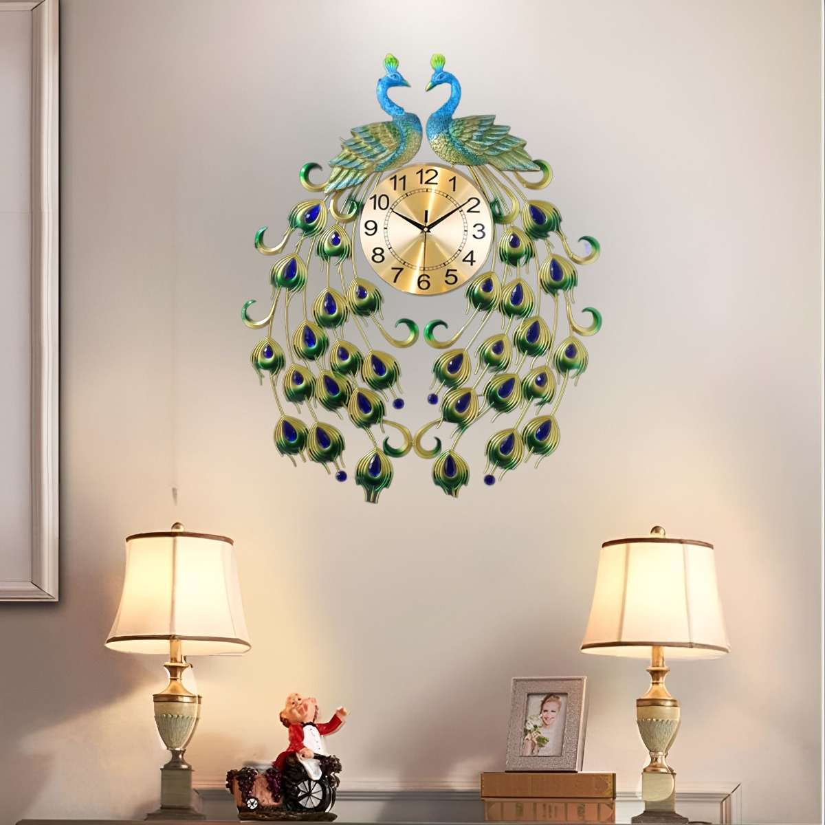 RELOJ ANALÓGICO PARED DISEÑO DOBLE PAVO REAL DECORATIVO JHN - 7