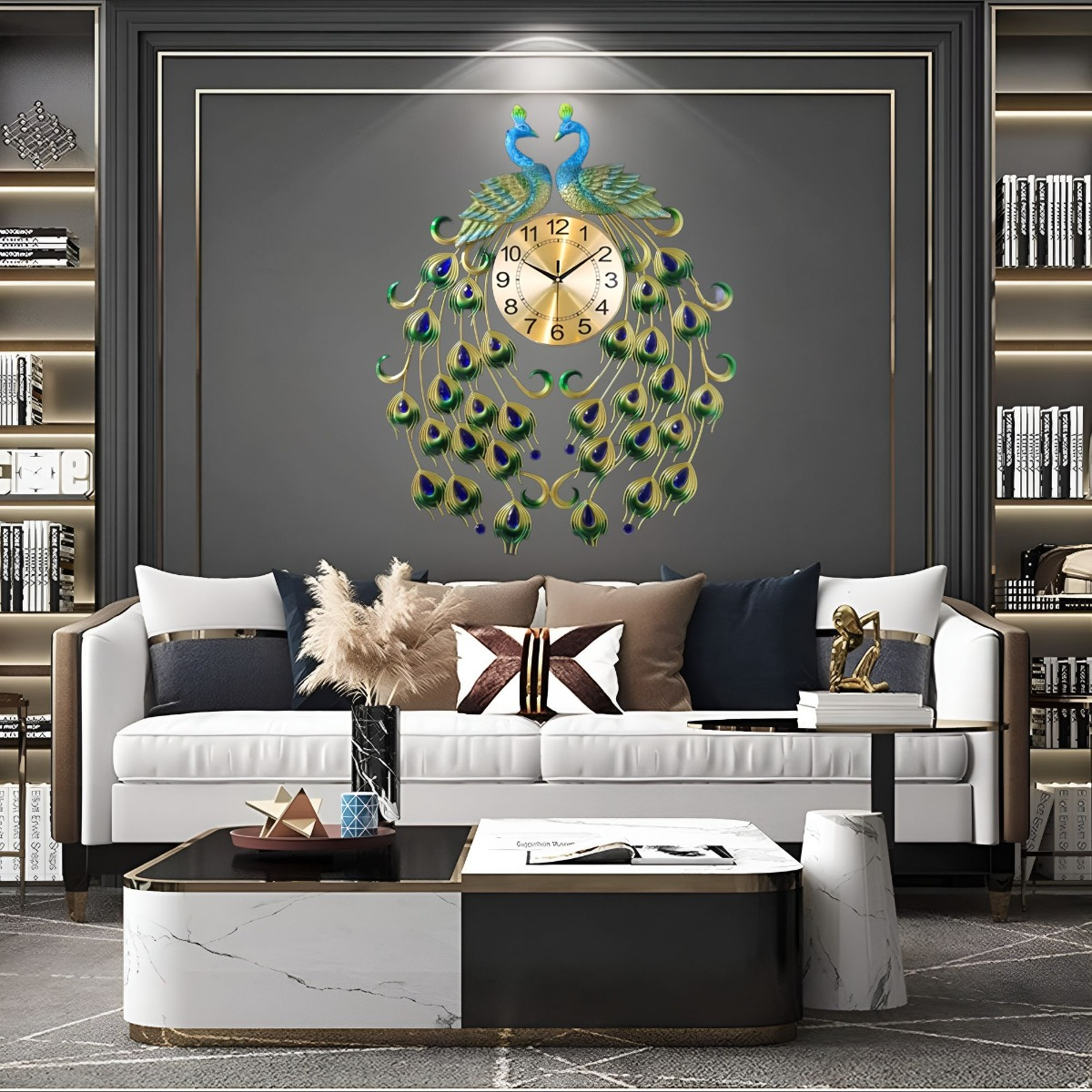 RELOJ ANALÓGICO PARED DISEÑO DOBLE PAVO REAL DECORATIVO JHN - 9