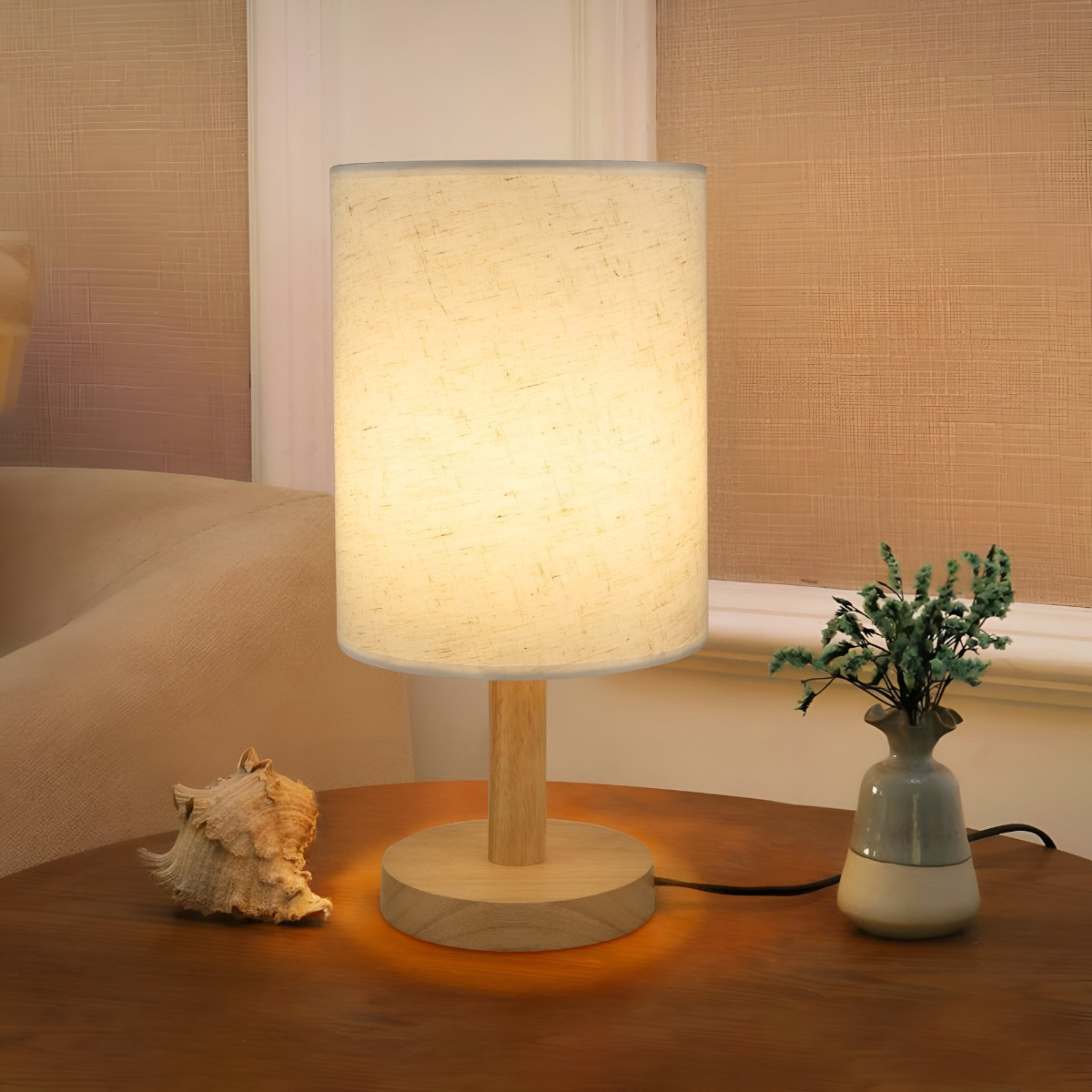 LÁMPARA MESA MINIMALISTA DECORATIVA MADERA REDONDA BEIGE JHN - 4