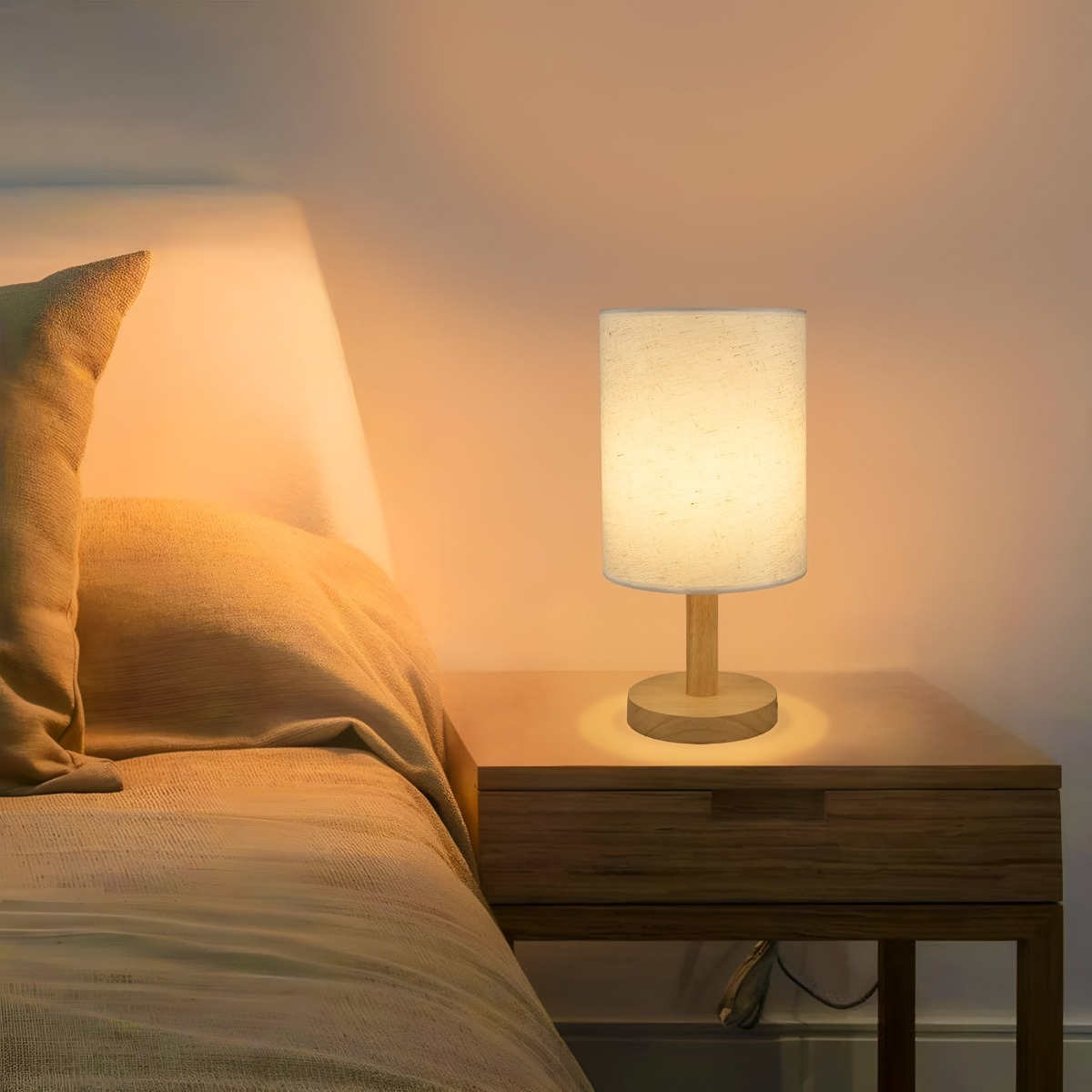 LÁMPARA MESA MINIMALISTA DECORATIVA MADERA REDONDA BEIGE JHN - 5