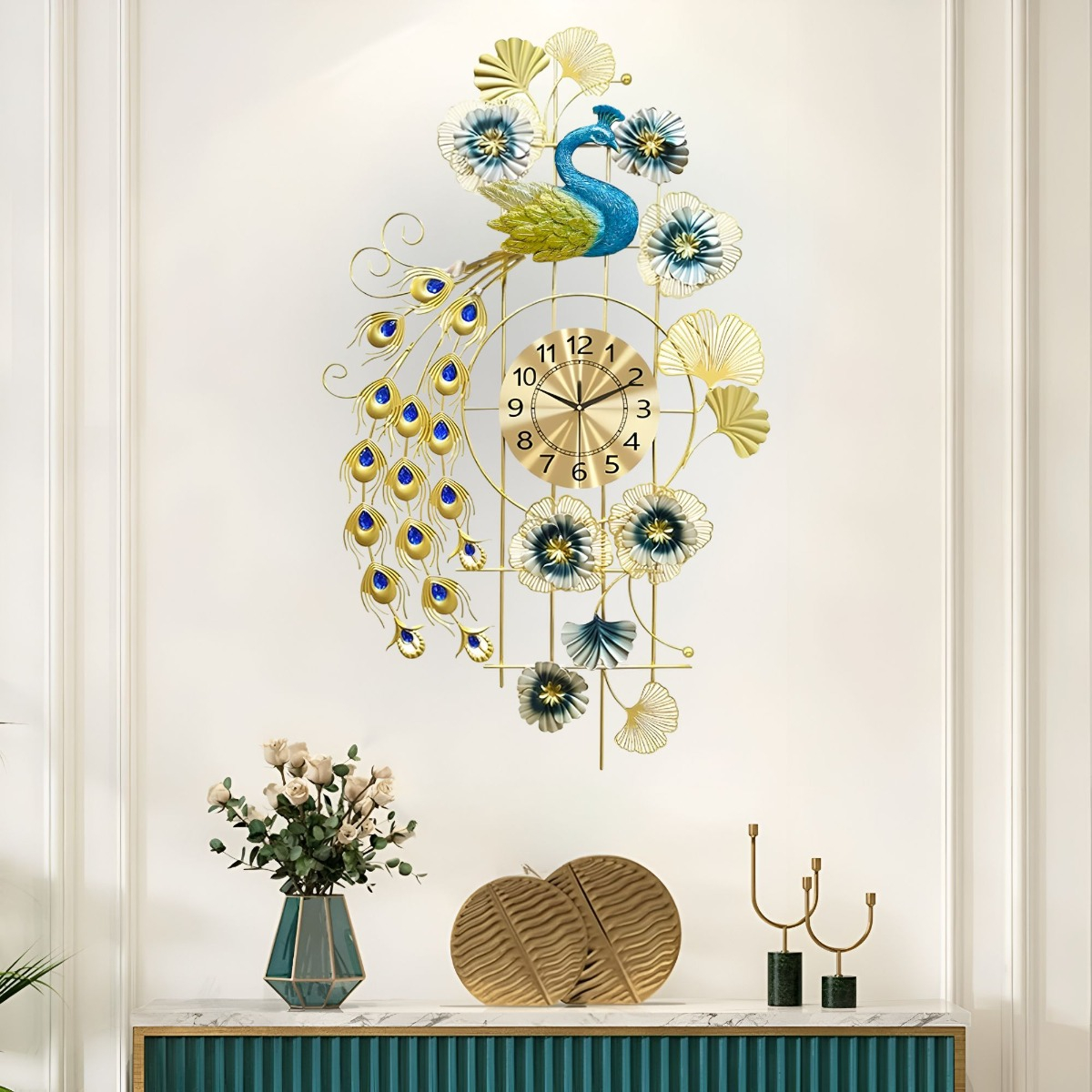 RELOJ PARED PAVO REAL DECORATIVO COLGANTE SILENCIOSO JHN - 2