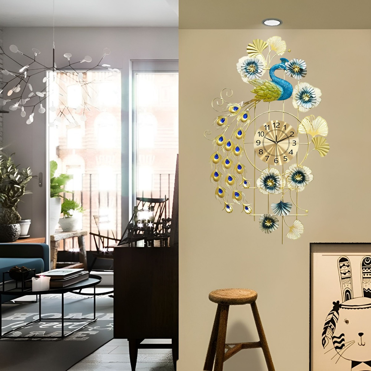 RELOJ PARED PAVO REAL DECORATIVO COLGANTE SILENCIOSO JHN - 5