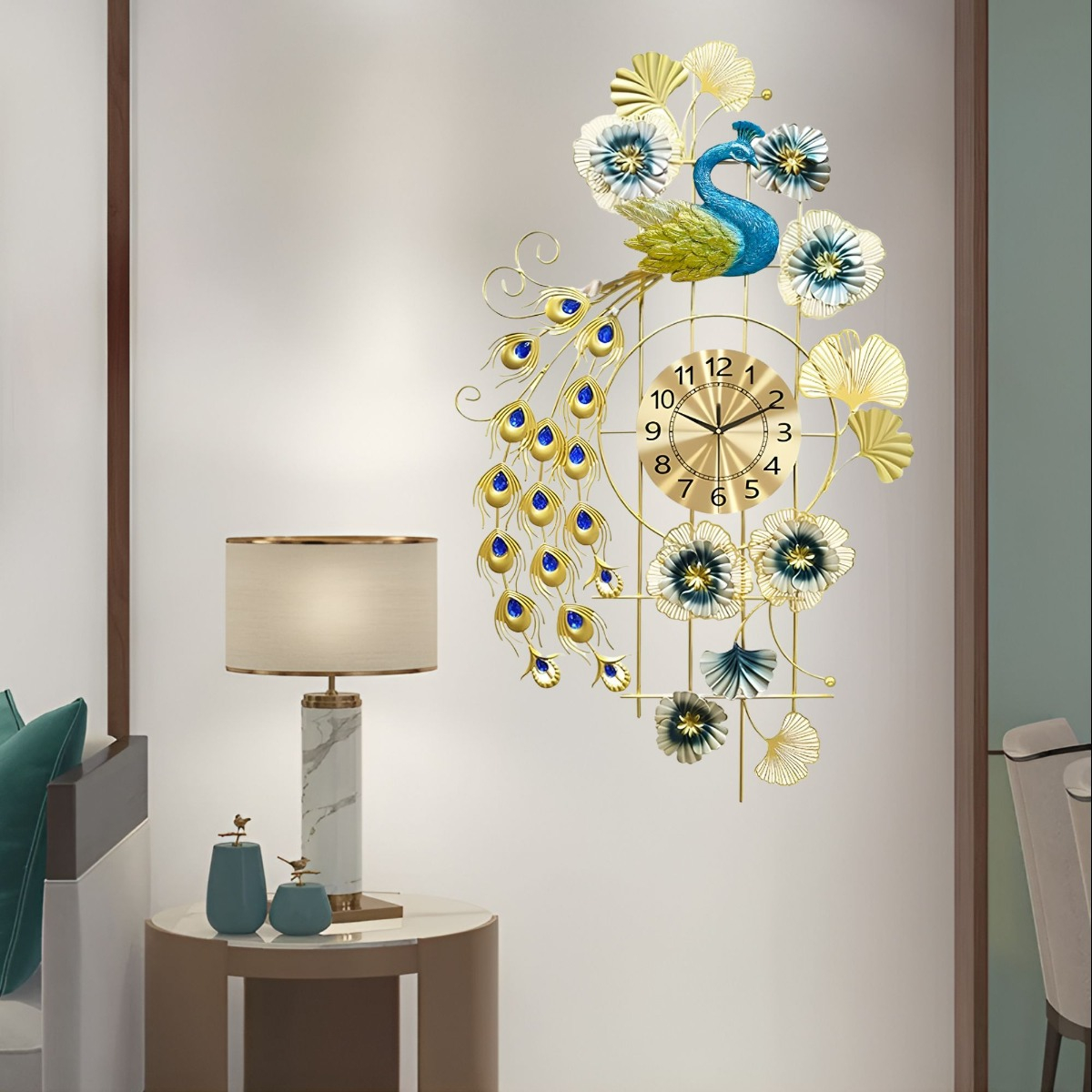 RELOJ PARED PAVO REAL DECORATIVO COLGANTE SILENCIOSO JHN - 6