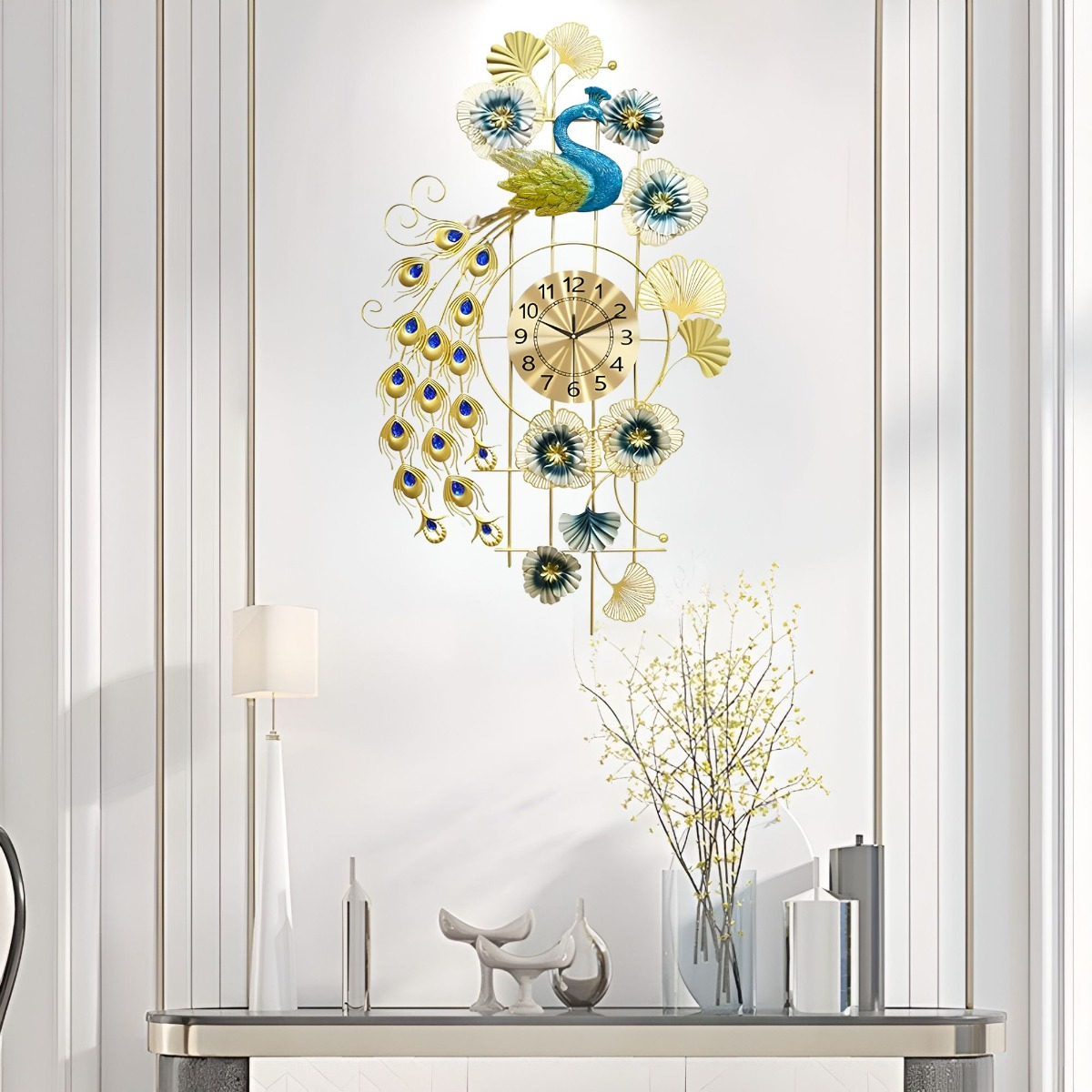 RELOJ PARED PAVO REAL DECORATIVO COLGANTE SILENCIOSO JHN - 8