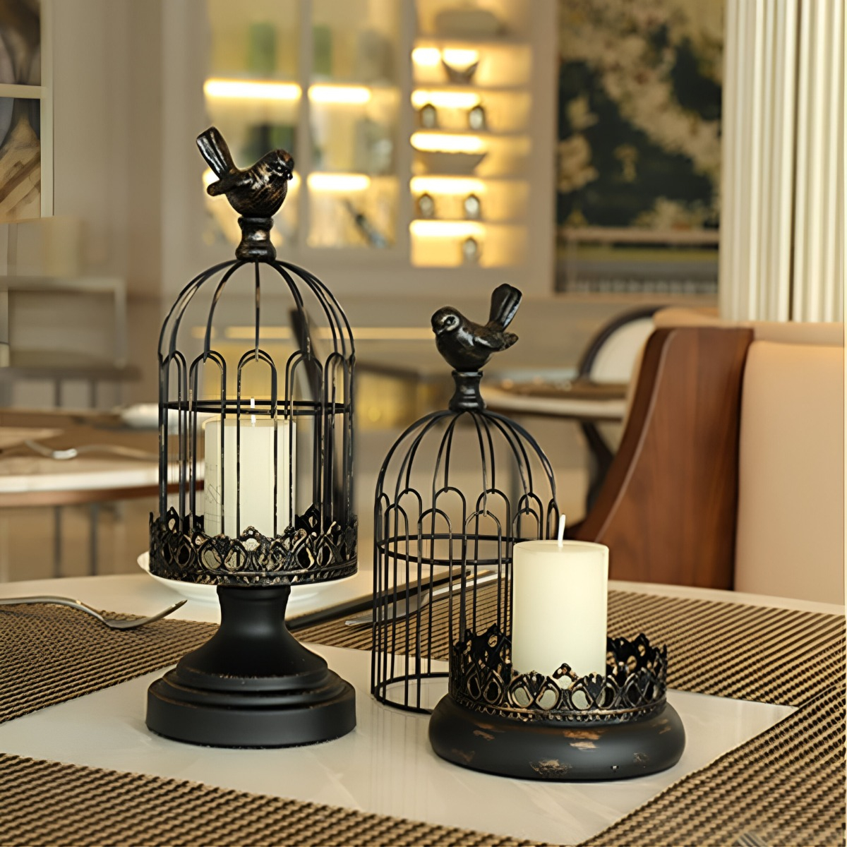 SET DE 2 CANDELABRO PORTAVELAS DECORATIVO JAULA NEGRO JHN - 10