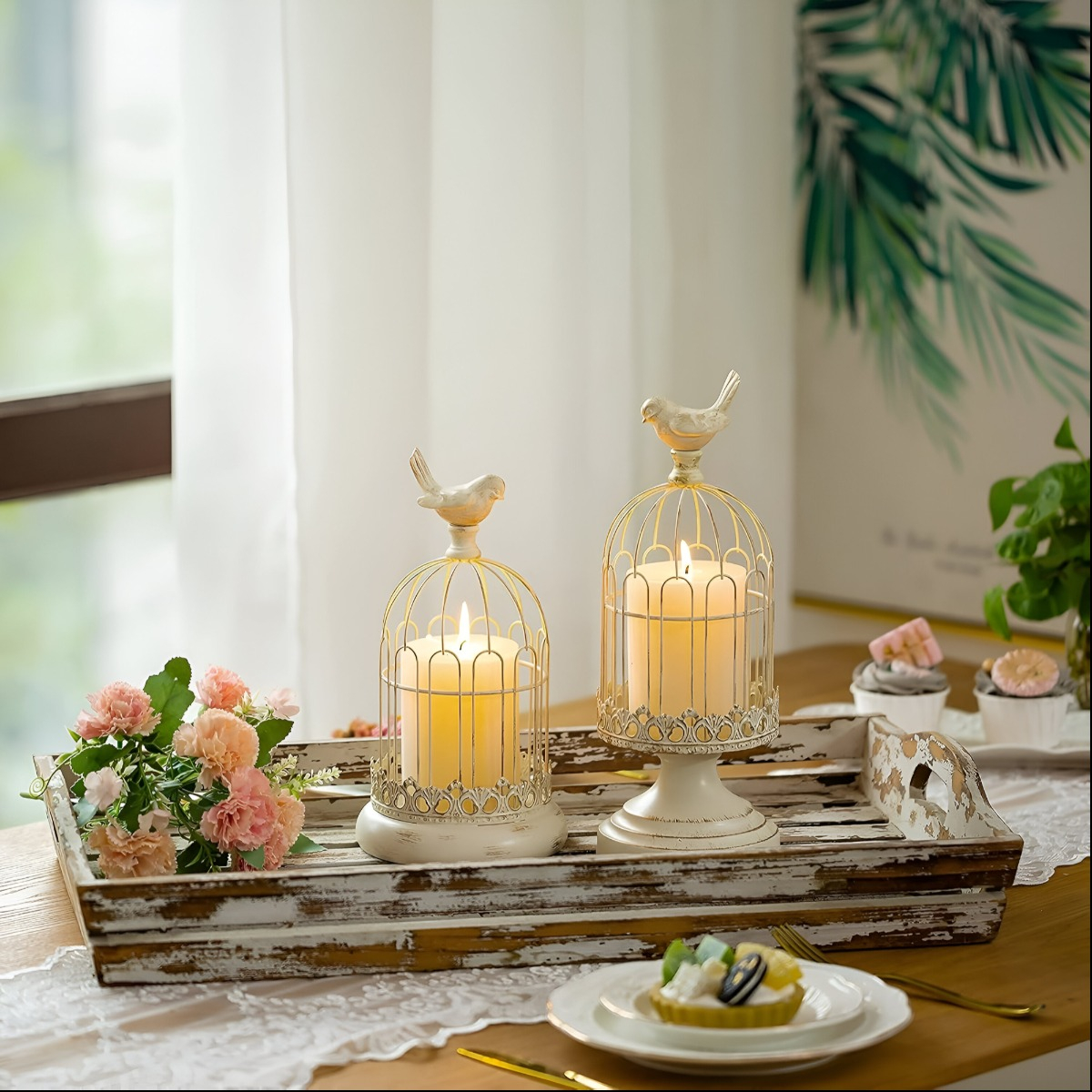 SET DE 2 CANDELABRO PORTAVELAS DECORATIVO JAULA BLANCO JHN - 4