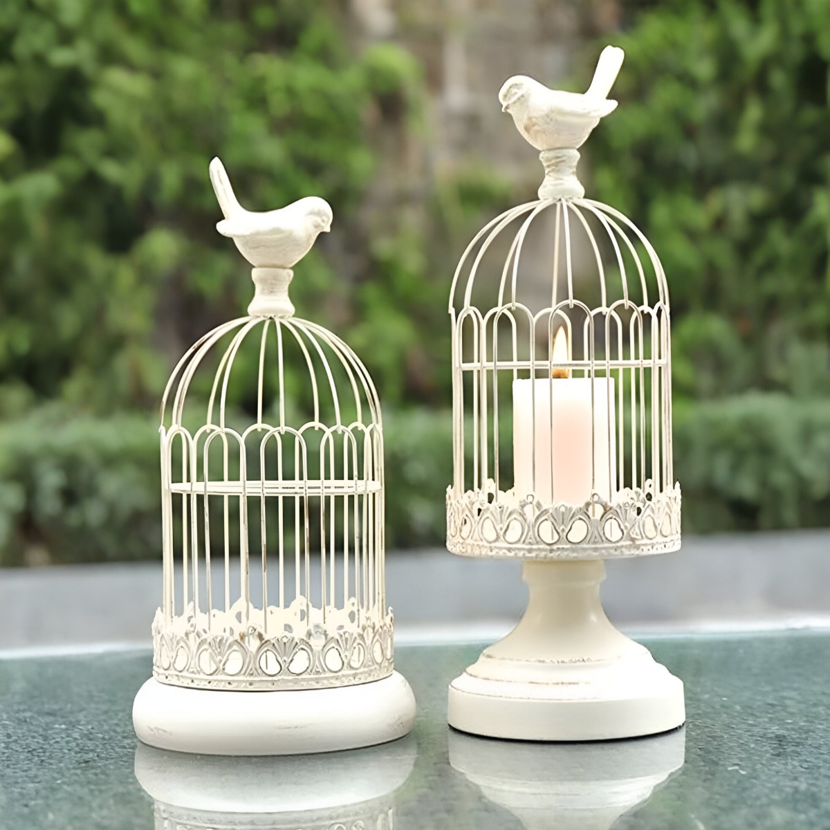 SET DE 2 CANDELABRO PORTAVELAS DECORATIVO JAULA BLANCO JHN - 7