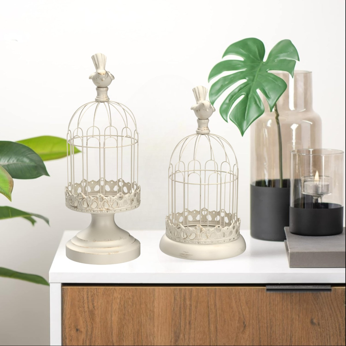 SET DE 2 CANDELABRO PORTAVELAS DECORATIVO JAULA BLANCO JHN - 10