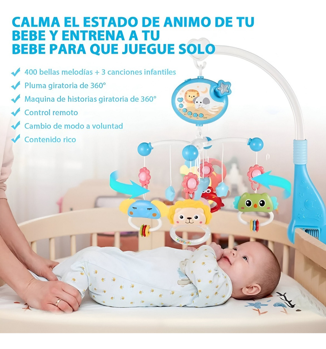 MÓVIL CUNA BEBÉ MULTICOLOR JUGUETES MÚSICA LUCES CARRUSEL PORTÁTIL JHN - 7