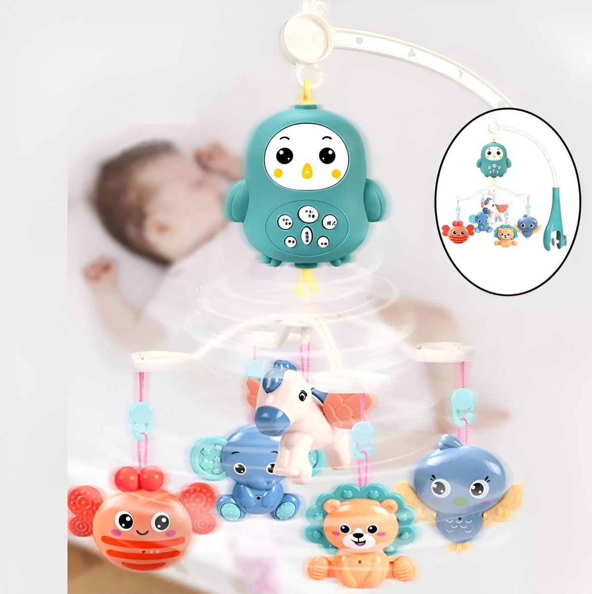 MÓVIL MUSICAL MULTICOLOR CUNA BEBÉ GIRATORIO COLGANTE LUZ SOPORTE JHN - 6