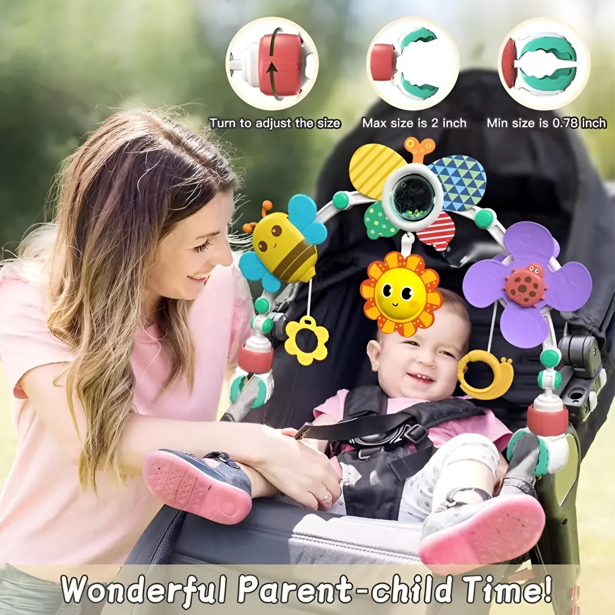 MÓVIL SONAJERO MULTICOLOR ARCO COCHECITO CUNA BEBÉ SENSORIAL JHN - 6
