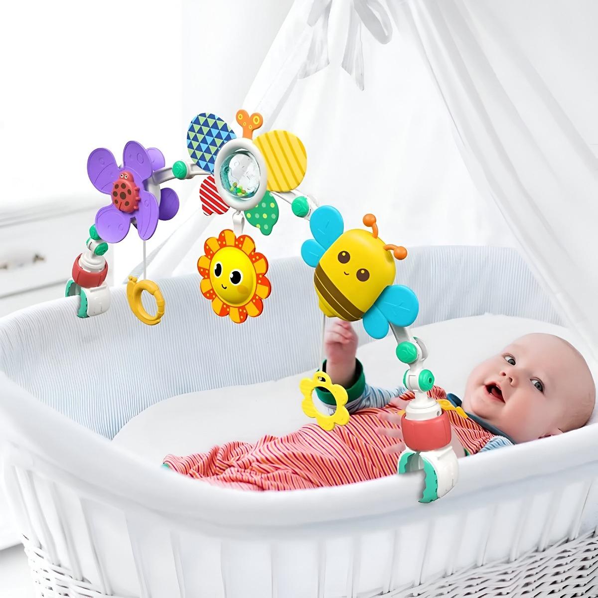 MÓVIL SONAJERO MULTICOLOR ARCO COCHECITO CUNA BEBÉ SENSORIAL JHN - 8
