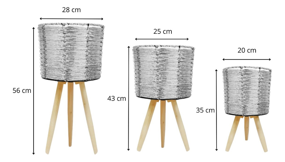 SET DE 3 MACETEROS MIMBRE SINTÉTICO PLATA JARDÍN PLANTAS JHN - 2