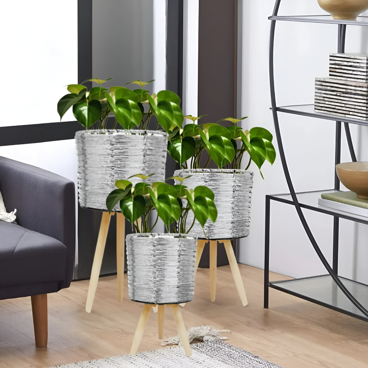 SET DE 3 MACETEROS MIMBRE SINTÉTICO PLATA JARDÍN PLANTAS JHN - 3