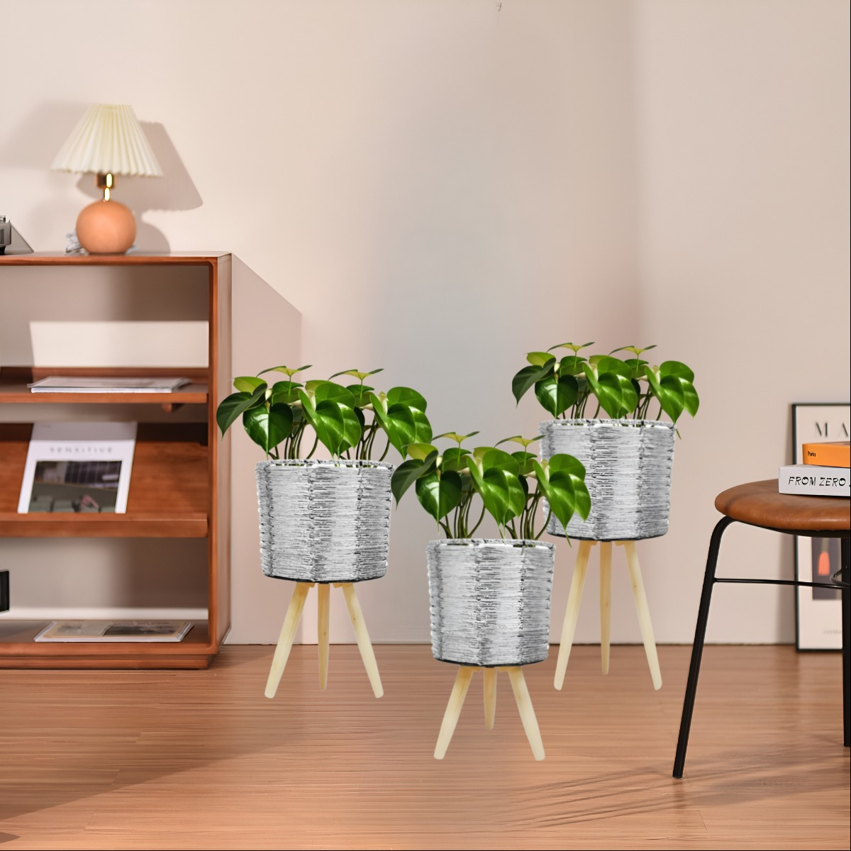 SET DE 3 MACETEROS MIMBRE SINTÉTICO PLATA JARDÍN PLANTAS JHN - 6