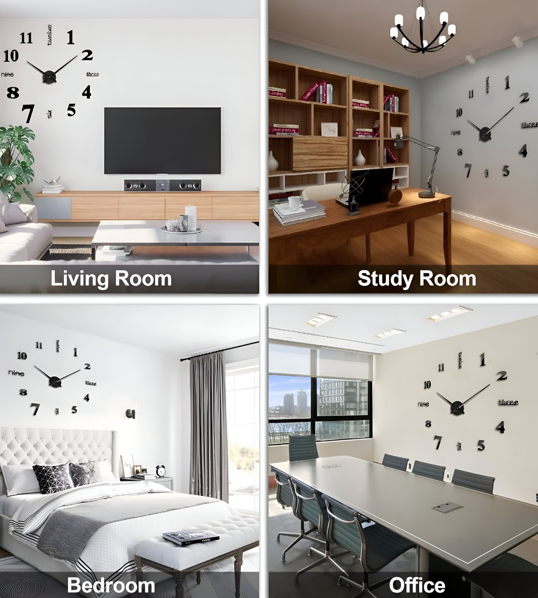 RELOJ PARED GRANDE 3D SIN MARCO DECORACIÓN NEGRO JHN - 5