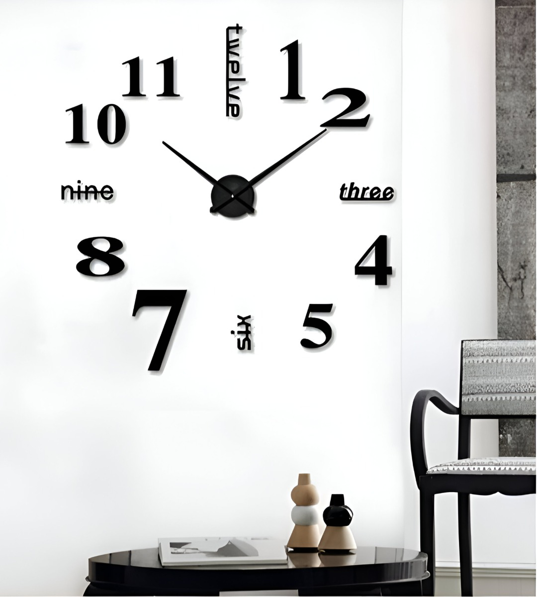 RELOJ PARED GRANDE 3D SIN MARCO DECORACIÓN NEGRO JHN - 7