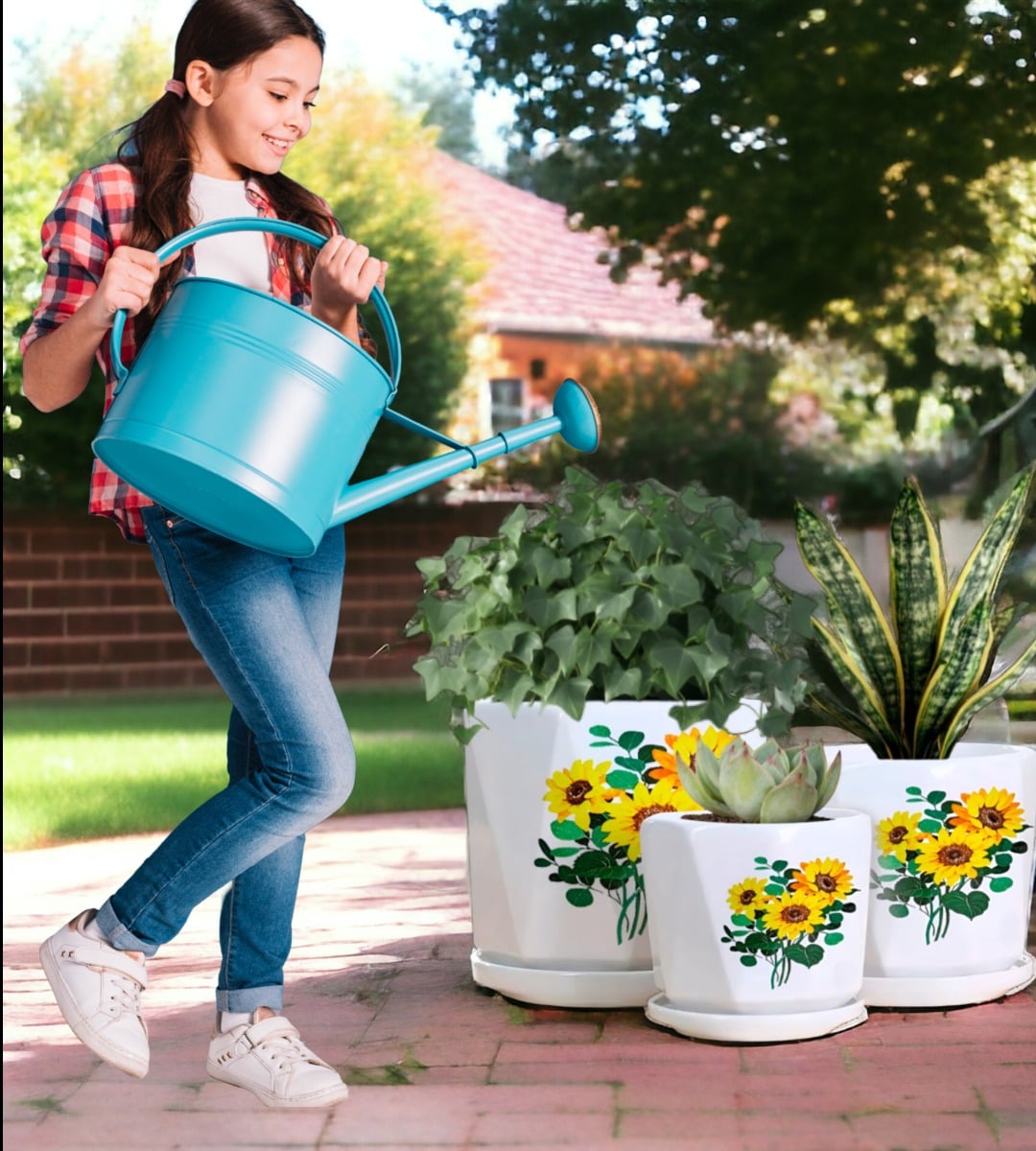SET 3 MACETAS GIRASOL CERÁMICA PLANTAS JARDÍN DECORACIÓN JHN - 4
