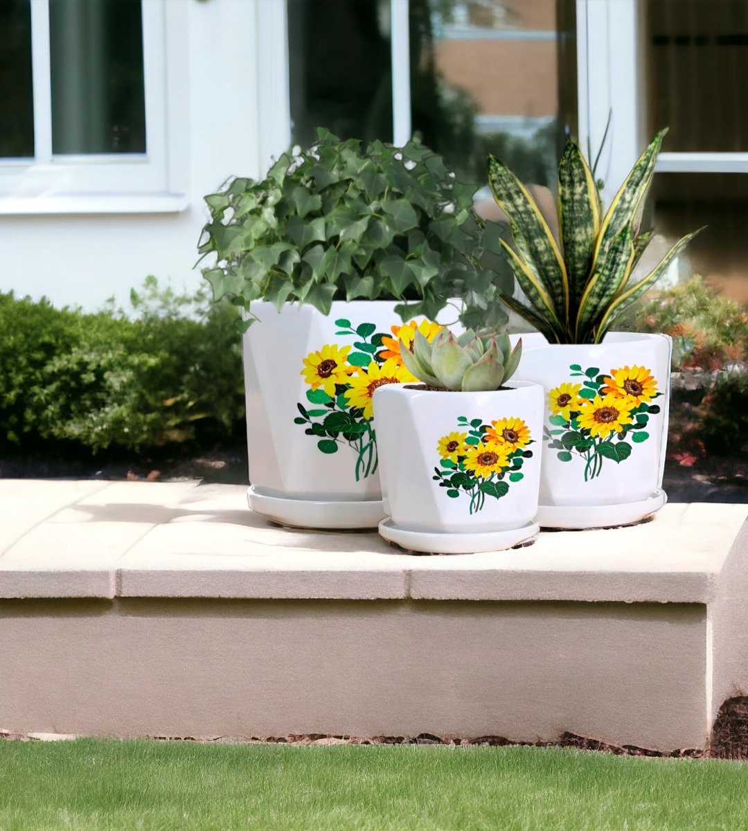SET 3 MACETAS GIRASOL CERÁMICA PLANTAS JARDÍN DECORACIÓN JHN - 9