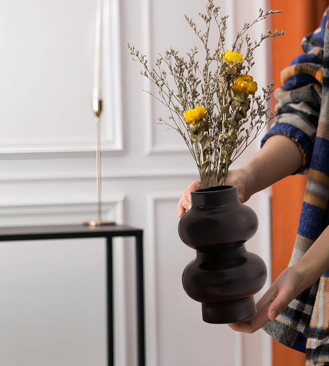 JARRÓN FLORERO DECORACIÓN HOGAR CERÁMICA MODERNO NEGRO JHN - 6