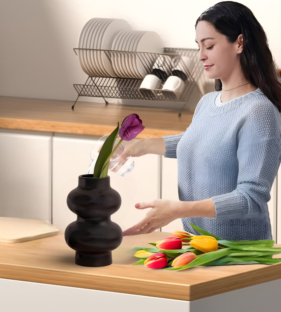 JARRÓN FLORERO DECORACIÓN HOGAR CERÁMICA MODERNO NEGRO JHN - 8